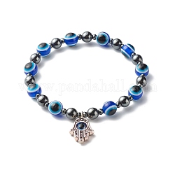 Bracelet extensible en perles de résine mauvais œil pour fille femme, bracelet en perles d'hématite synthétique avec breloque main hamsa / main de miriam, bleu, diamètre intérieur: 2-1/8 pouce (5.3 cm)