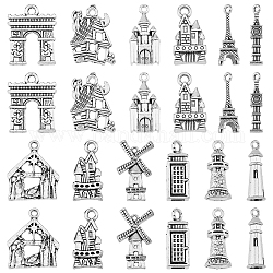 Hobbiesay pendenti della lega di stile tibetano di stile 120pcs 12, torre eiffel, castello, faro e casa, argento antico, 18~27x8~19x1.5~9.5mm, Foro: 1~3 mm, 10pcs / style