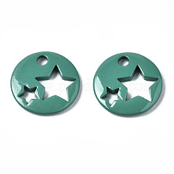Spruzzare fascino ottone verniciato, piatta e rotonda con stella, verde acqua, 14.5x14.5x2.5mm, Foro: 2 mm