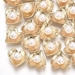 Brass Charms, with ABS Plastic Imitation Pearl, Heart, Creamy White, Real 18K Gold Plated, 10x10x5mm, Hole: 1.2mm