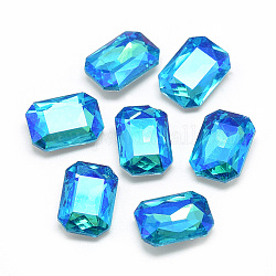 Pointed Back Glass Rhinestone Cabochons, Back Plated, Faceted, AB Color Plated, Rectangle Octagon, Deep Sky Blue, 14x10x4.5mm