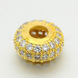 Brass Micro Pave Cubic Zirconia Large Hole European Beads, Flat Round, Cadmium Free & Lead Free, Golden, 10x5mm, Hole: 4mm