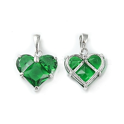 Ottone micro spianare fascino zirconi, fascino cuore, Vero platino placcato, verde, 14.5x13.5x5mm, Foro: 3x2.5 mm
