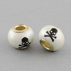 Rondelle Spray Painted Glass European Large Hole Beads, with Pirate Style Skull Printed and Double Golden Brass Cores, White, 11.5x14mm, Hole: 5mm