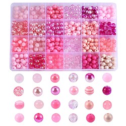 DIYピンクシリーズのネックレス＆ブレスレット作りキット  600個の不透明＆透明＆abカラー＆ストライプアクリル＆樹脂ラウンドビーズが含まれています  ピンク  8mm  穴：2mm