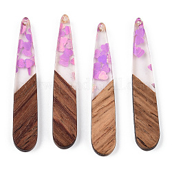 Pendentifs en résine transparente et bois de noyer, breloques en forme de larme avec paillettes en forme de cœur, violette, 44x7.5x3.5mm, Trou: 1.5mm