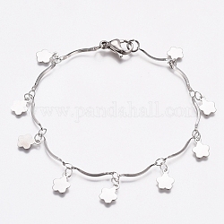 304 Stainless Steel Flower Charm Bracelets, Bar Link Chain Bracelets, with Lobster Claw Clasps, Stainless Steel Color, 7-5/8 inch(19.5cm)