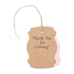 Duplex-Hängeetiketten aus Papier, mit Hanfseilen, mit Wort Danke fürs Kommen & Fußmuster, für Babyschaugeschenke dekorativ, rosa, 71x50x0.5 mm, Bohrung: 4 mm, 50 Stück