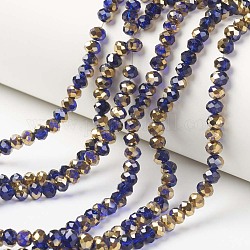 Placcare trasparente perle di vetro fili, metà d'oro placcato, sfaccettato, rondelle, blu scuro, 4x3mm, Foro: 0.4 mm, circa 130pcs/filo, 16.54 pollici (42 cm)