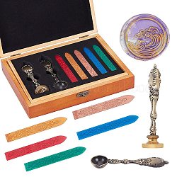 Scrapbook diy, cucchiaio in lega con timbro in ottone manico sigillo di cera, scatola di legno e set di cera, colore misto, 9.1x1.15x1.2cm