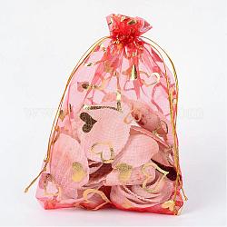 Sacs en organza imprimé cœur, sacs de faveur de mariage, sac de faveur, sacs-cadeaux, rectangle, rouge, 18x13 cm