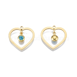 201 Stainless Steel Pendants, with Rhinestone, Heart with Flat Round, Real 18K Gold Plated, Capri Blue, 23x24x1mm, Hole: 1.6mm