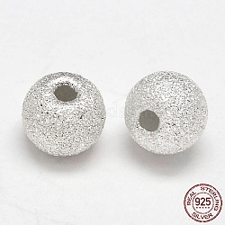Perles rondes en argent sterling texturées, couleur d'argent, 925mm, Trou: 4mm