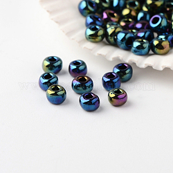Perline di semi di vetro rotonde di grado 6/0, colori metallizzati iris, blu placcato, 6/0, 4x3mm, Foro: 1 mm, circa 4800pcs/libbra
