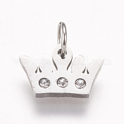 316 Surgical Stainless Steel Charms, with Rhinestone, Crown Pendants, Stainless Steel Color, 7.5x12x1.5mm, Hole: 3.5mm
