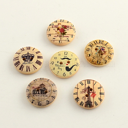 2 patrón reloj hoyos de impresos botones de madera, plano y redondo, color mezclado, 20x4~5mm, agujero: 2 mm