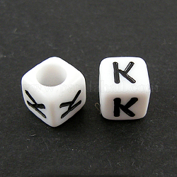 Perles européennes de lettre en acrylique, trou horizontal, cube, letter.k, 10x10x10mm, Trou: 3.5~4mm, environ 598 pcs/500 g