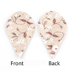 PU Leather Big Pendants, Leaf with Flower Pattern, Colorful, 62x35x2mm, Hole: 1.5mm