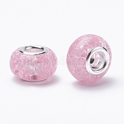 Granos europeos de resina crujiente, Abalorios de grande agujero, Con núcleos de latón plateado color plata, rerondana plana, rosa perla, 13.5~14x8.5~9mm, agujero: 5 mm