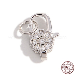 Rhodium Plated 925 Sterling Silver Micro Pave Cubic Zirconia Lobster Claw Clasps, with Jump Ring, Flower, Real Platinum Plated, 12x7.5x3.5mm, Hole: 3.4mm