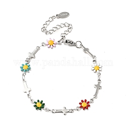 Bracelet fleur en émail et chaîne à maillons croisés, avec une fleur de couleur aléatoire, acier inoxydable couleur plaqué 304 bijoux en acier inoxydable pour femme, colorées, 6-5/8 pouce (16.9 cm)