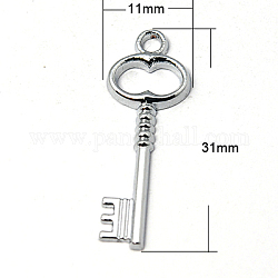 Zinc Alloy Pendants, Key, Platinum, 31x11x2mm, Hole: 2mm