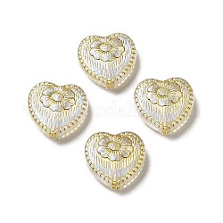 Beschichtung Acryl-Perlen, goldenen Metall umschlungen, Herz mit Blumenmuster, weiß, 17x18x6 mm, Bohrung: 1.6 mm, ca. 388 Stk. / 500 g