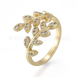 Латунные кольца из манжеты с прозрачным цирконием, открытые кольца, долговечный, листовые ветви, реальный 18k позолоченный, внутренний диаметр: 19 мм