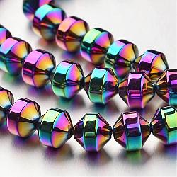 Galvanisieren unmagnetische synthetischen Hämatit Perlenstränge, Doppelkegel, Multi-Farbe plattiert, 6x6 mm, Bohrung: 1 mm, ca. 61 Stk. / Strang, 15.7 Zoll