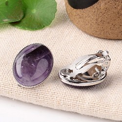 Natural Amethyst Oval Clip-on Earrings, with Platinum Plated Brass Findings, 21x15mm