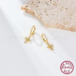 Orecchini a cerchio pendenti con croce di zirconi cubici da donna, 925 gioiello in argento sterling, vero placcato oro 18k, 22x11mm