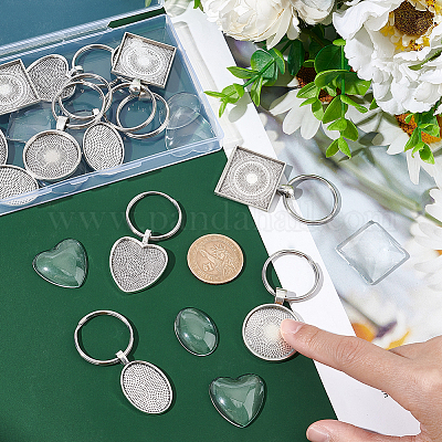 Wholesale UNICRAFTALE 12pcs Heart Flat Round Oval Square Alloy Keychains  with 304 Stainless Steel Split Key Rings and Transparent Glass Cabochons  Antique Silver Keychains for Jewlery Making 5.5~6cm 