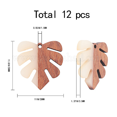 SUNNYCLUEレジン＆ウッドペンダント トロピカルリーフチャーム モンステラリーフペンダント ホワイトスモーク 30x28x3.5mm 穴：2mm  12個/箱の通販 - PandaHall（パンダホール）