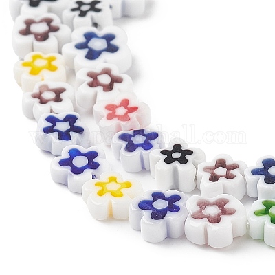 手作りミッレフィオーリガラスビーズ連売り 花 ホワイト 6.4~9x3.2mm 