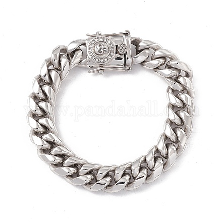 304 Stainless Steel Curb Chains Bracelet with Rhinestone Skull Clasp for Women BJEW-E107-09P-1