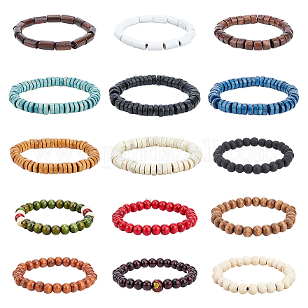 Fibloom 15 pz 15 set di braccialetti elasticizzati con perline in legno rotondi BJEW-FI0001-26-1