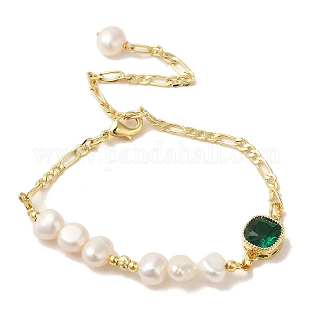 Bracelet à maillons carrés en strass avec perle naturelle BJEW-C051-20G-1