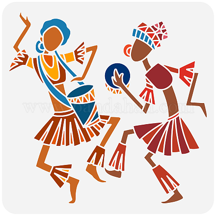 FINGERINSPIRE Dance Tribe Man Painting Stencil 11.8x11.8inch Hollowed Musicians Dancers Drawing Template Plastic PET Ethnic Style Stencil Decorative Human Theme Stencil for Home Wall Door Decoration DIY-WH0391-0552-1