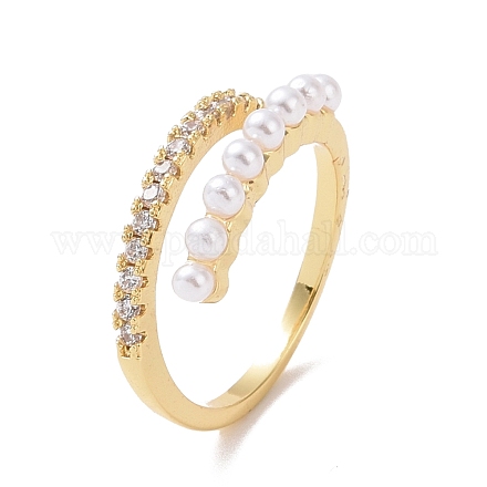 Clear Cubic Zirconia Open Cuff Ring with Acrylic Pearl Beaded RJEW-P032-15G-1