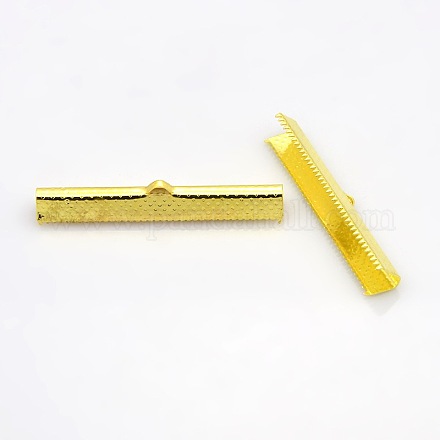 長方形めっき鉄リボンカシメエンドパーツ  ゴールドカラー  7x45mm  穴：1x2.5mm IFIN-N3281-02G-1