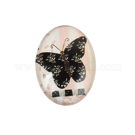 Cabochons ovales en verre imprimé de papillon X-GGLA-N003-13x18-C12-1