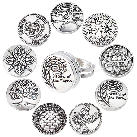 SUNNYCLUE 1 Box 9 Styles Button Finger Ring Tibetan Style Button Snap Antique Tree of Life Cabochons for Jewelry Making Phoenix Fish Scale Charms Adjustable Finger Rings Set Adult Men Women Craft DIY-SC0019-08-1