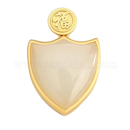 ナチュラルヘティアンホワイトジェイドペンダント  925の純シルバー製パーツ  漢字の盾  ゴールドカラー STER-BB71715-A-1
