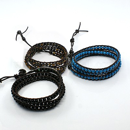 Bracelets de pierres précieuses de style wrap triple de la mode BJEW-J058-M-1