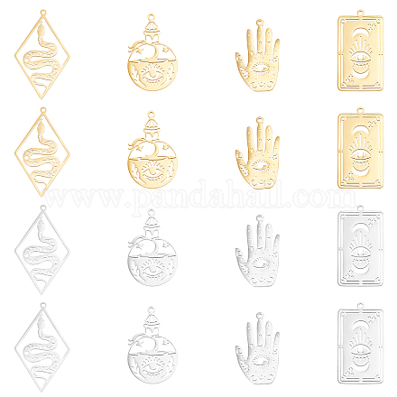DICOSMETIC 16Pcs 4 Styles Witch Magic Charms Lucky Eye Charm Hamsa Hand Charm Evil Eye Charm Palm/Bottle/Rectangle Snake Charms Stainless Steel Charm for DIY Jewelry Craft Making STAS-DC0010-09-1