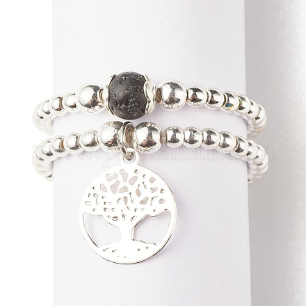 2Pcs 2 Style Natural Lava Rock & Synthetic Hematite Beaded Rings with Brass Tree of Life Charms RJEW-JR00474-01-1