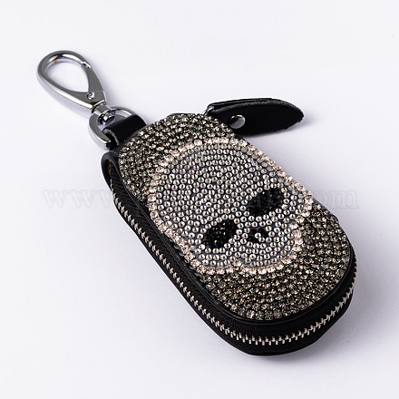 Porte-clés ovale en cuir tête de mort avec strass KEYC-K004-02-1