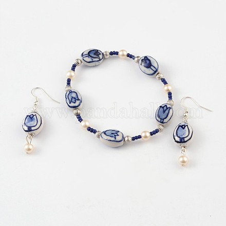 Porcelain Beaded Bracelets and Dangle Earrings Jewelry Sets SJEW-E052-02-1