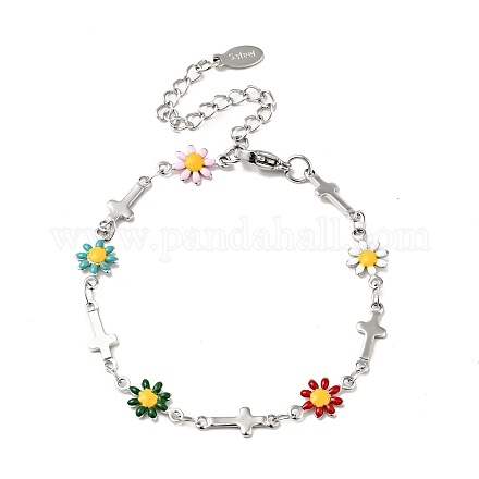 Bracelet fleur en émail et chaîne à maillons croisés BJEW-C023-01P-01-1