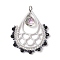 Boho Faceted Natural Black Onyx(Dyed & Heated) & Glass Teardrop Pendants, 201 Stainless Steel Hollow Drop Charms, Stainless Steel Color, 38.5x33x8mm, Hole: 3.5mm